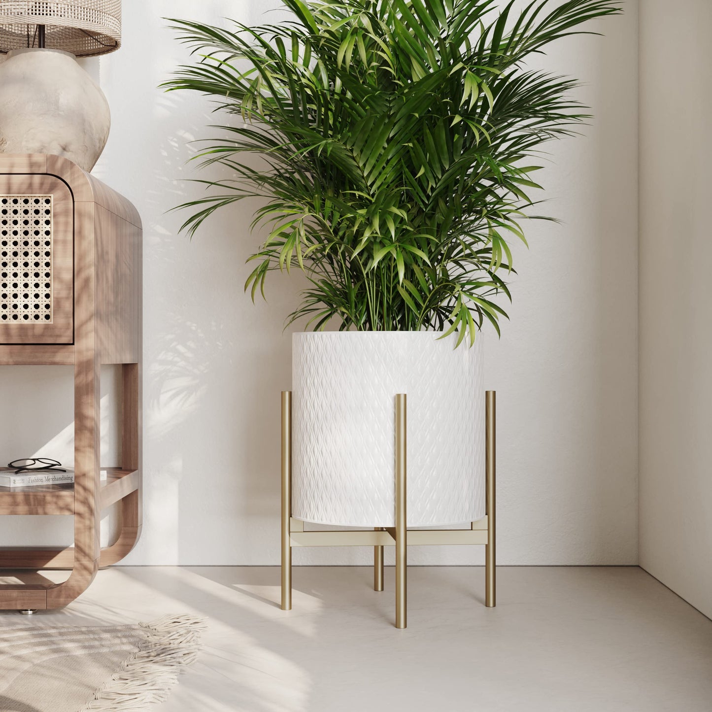 EverNest Claire Mid-Century Modern White Planter and Stand, Indoor Plant Pot, SelectBase, Minimalist Aesthetic, Home Decor for Plants - (Gold Base, Small)