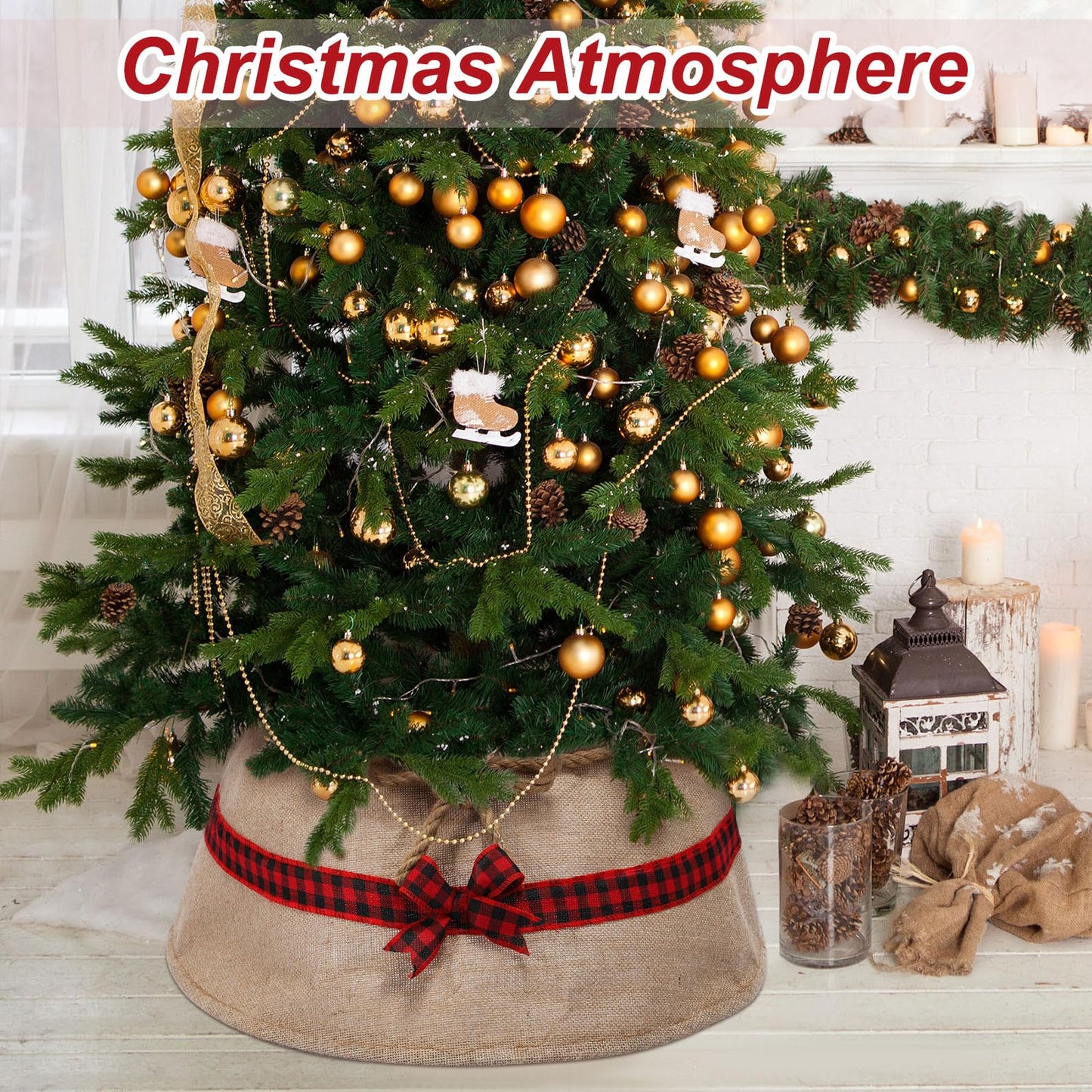 Outus Farmhouse Burlap Christmas Tree Collar Rustic Christmas Tree Ring Easy Set Up for Holiday Xmas Decor(Ribbons)