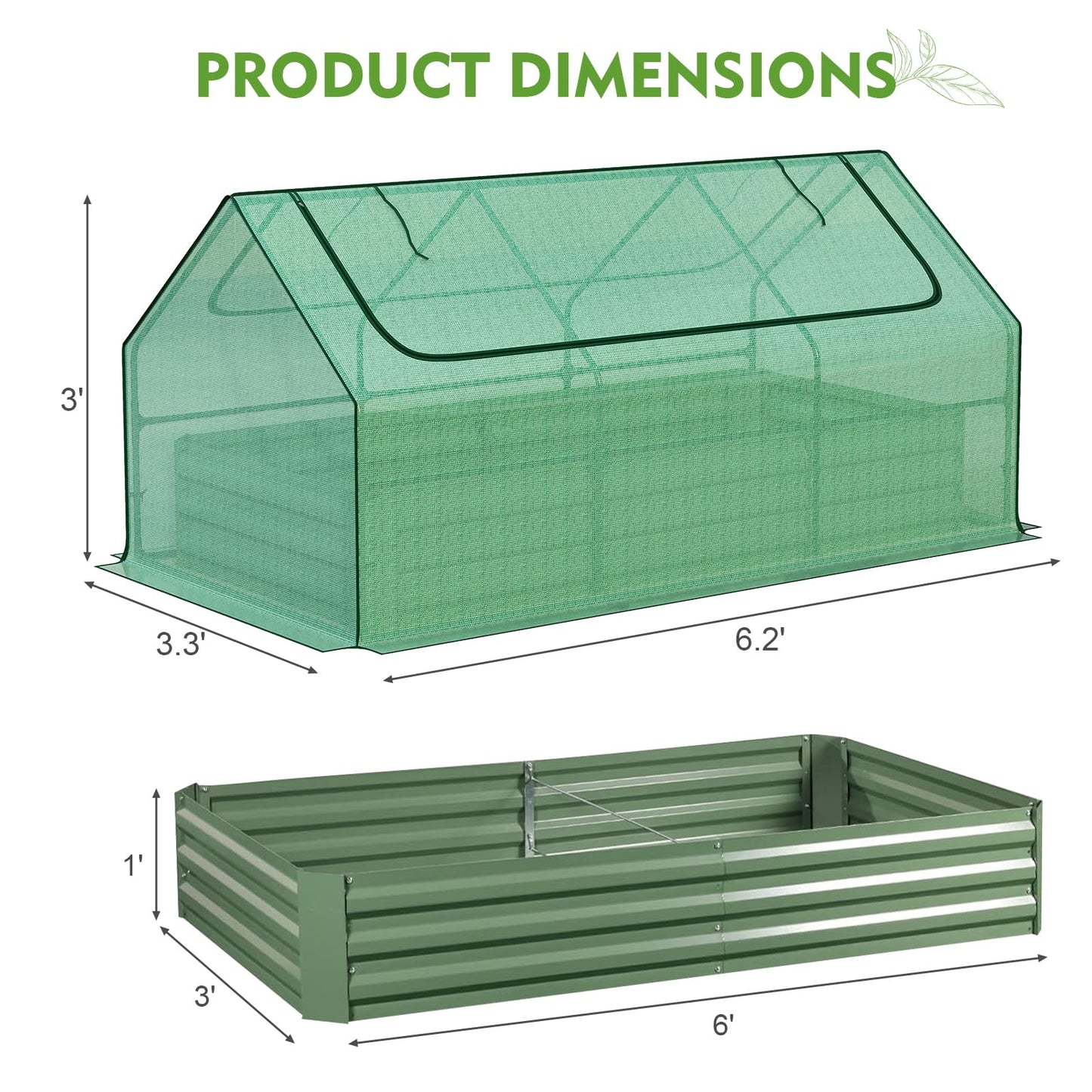 BPS Raised Garden Bed Set, 6x3x1 FT Metal Bottomless Flower Bed with PE Cover for Outdoor Planting, Green