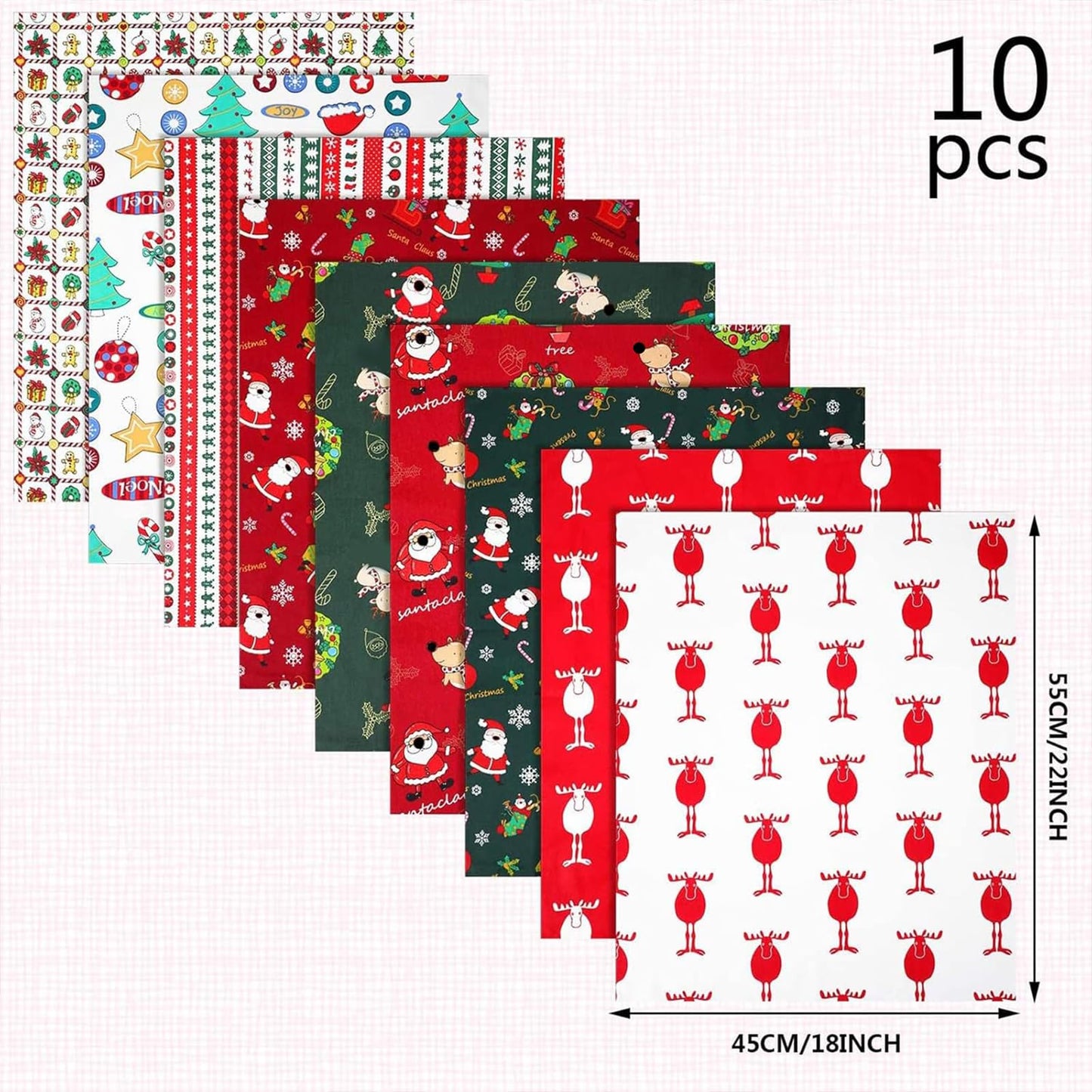 10 Pieces Christmas Cotton Fabric Bundles 18 x 22 Inch Quilting Fabric Sewing Squares Bundle Multicolor Patchwork Xmas Tree Fat Quarters Precut Santa Claus Scraps for Christmas DIY