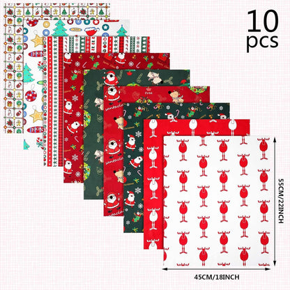 10 Pieces Christmas Cotton Fabric Bundles 18 x 22 Inch Quilting Fabric Sewing Squares Bundle Multicolor Patchwork Xmas Tree Fat Quarters Precut Santa Claus Scraps for Christmas DIY