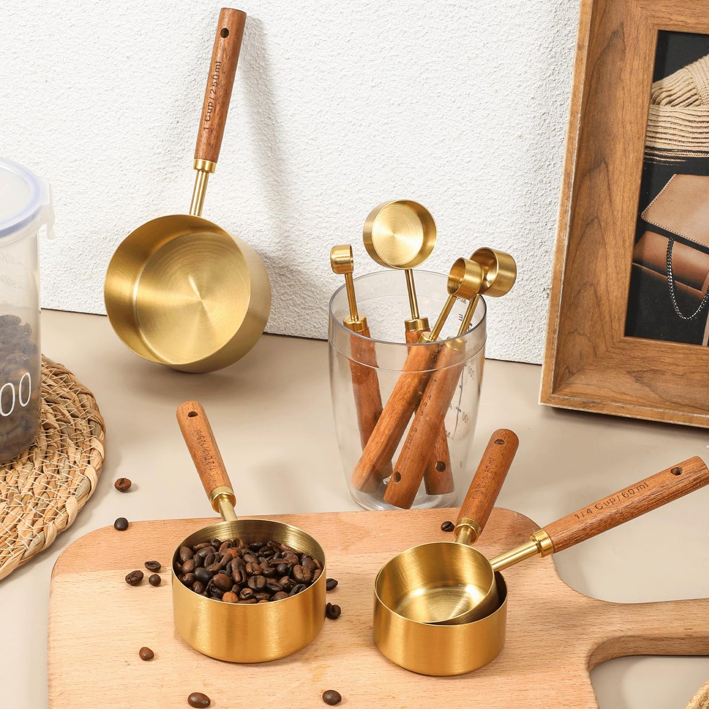 SHENLIU 8 Pcs Gold Measuring Cups and Spoons Set, Black Stainless Steel Measurings Cups with Wooden Handle, Metal Measuring Spoons and Measurings Cup Set for Kitchen Cooking Baking