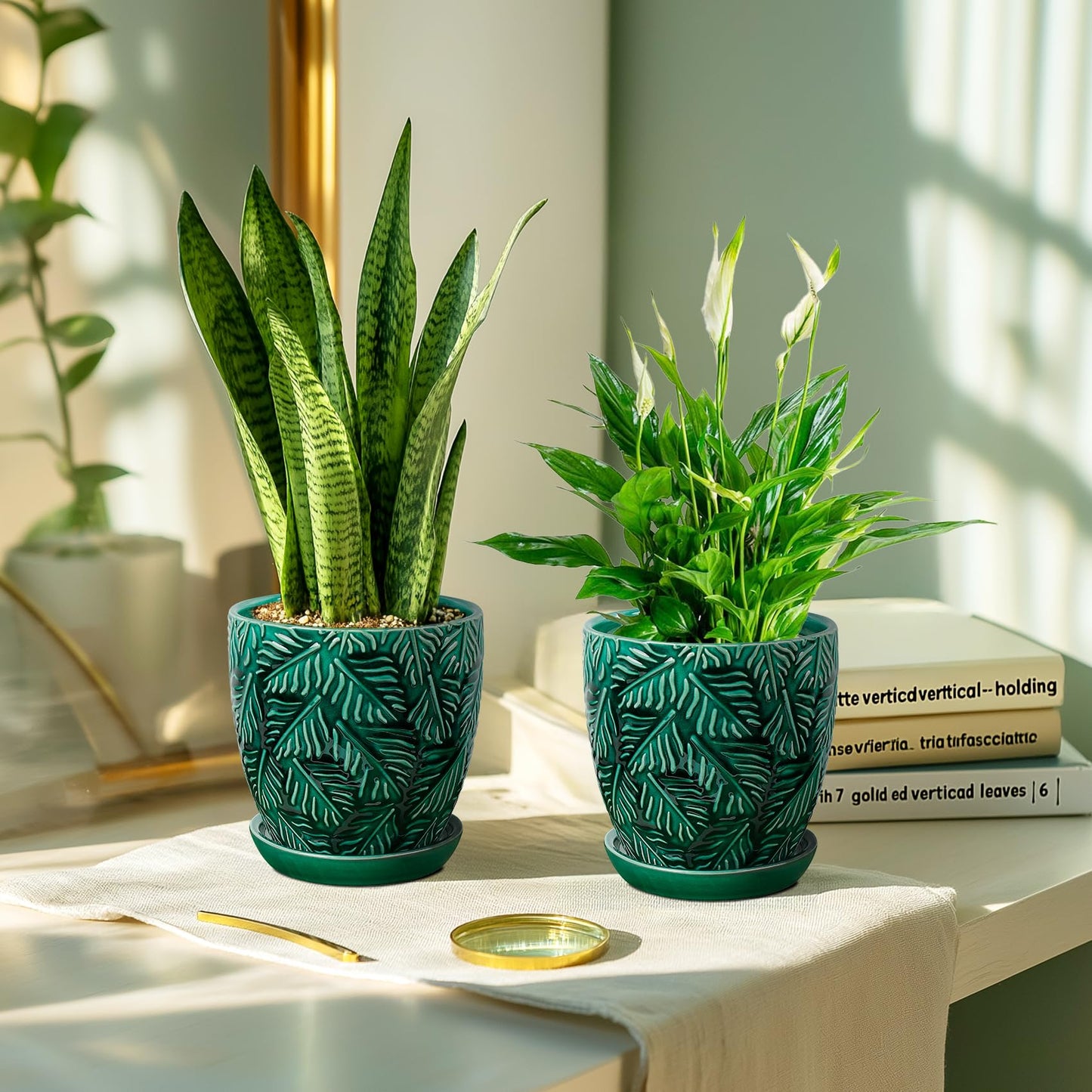 LITUDISO Ceramic Plant Pots, 6 Inch Indoor Plant pots with Drainage Hole and Saucer, Flower Pots, Leaf Embossed - Green Glaze, Set of 2