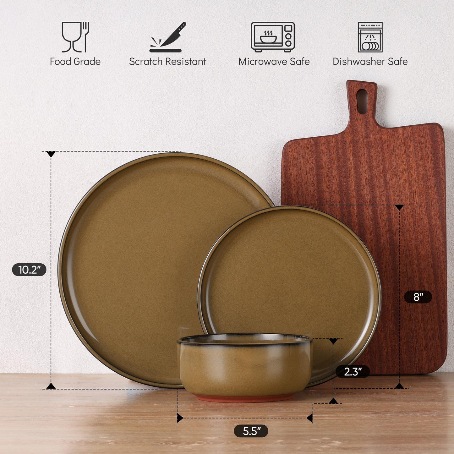 E-far Stoneware Dinnerware Sets for 6, 18 Pieces Reactive Glaze Plates and Bowls Sets, Elegant Dishes with Rustic Terracotta Clay Base, Dishwasher & Microwave Safe, Scratch Resistant, Deep Camel