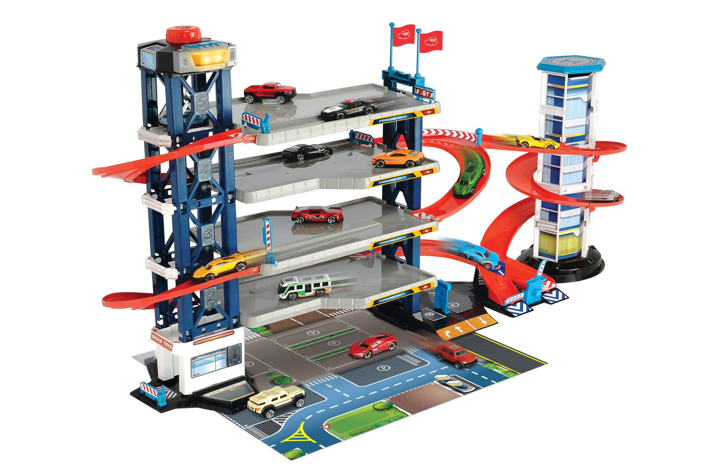 Dickie Toys Parking Garage, Playset, Parking Garage, 4 Floors, Elevator, 4 Die-Cast Vehicles, 1 Helicopter, Light & Sound, Includes Batteries