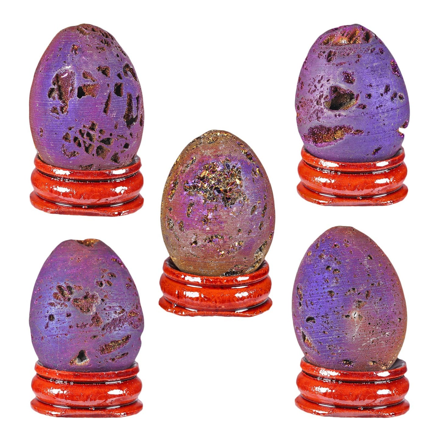 Cheungshing Titanium Coated Crystal Stone Egg Figurines with Wooden Base, Angel Aura Quartz Crystal Druzy Agate Geode Specimen, Gold-Purple
