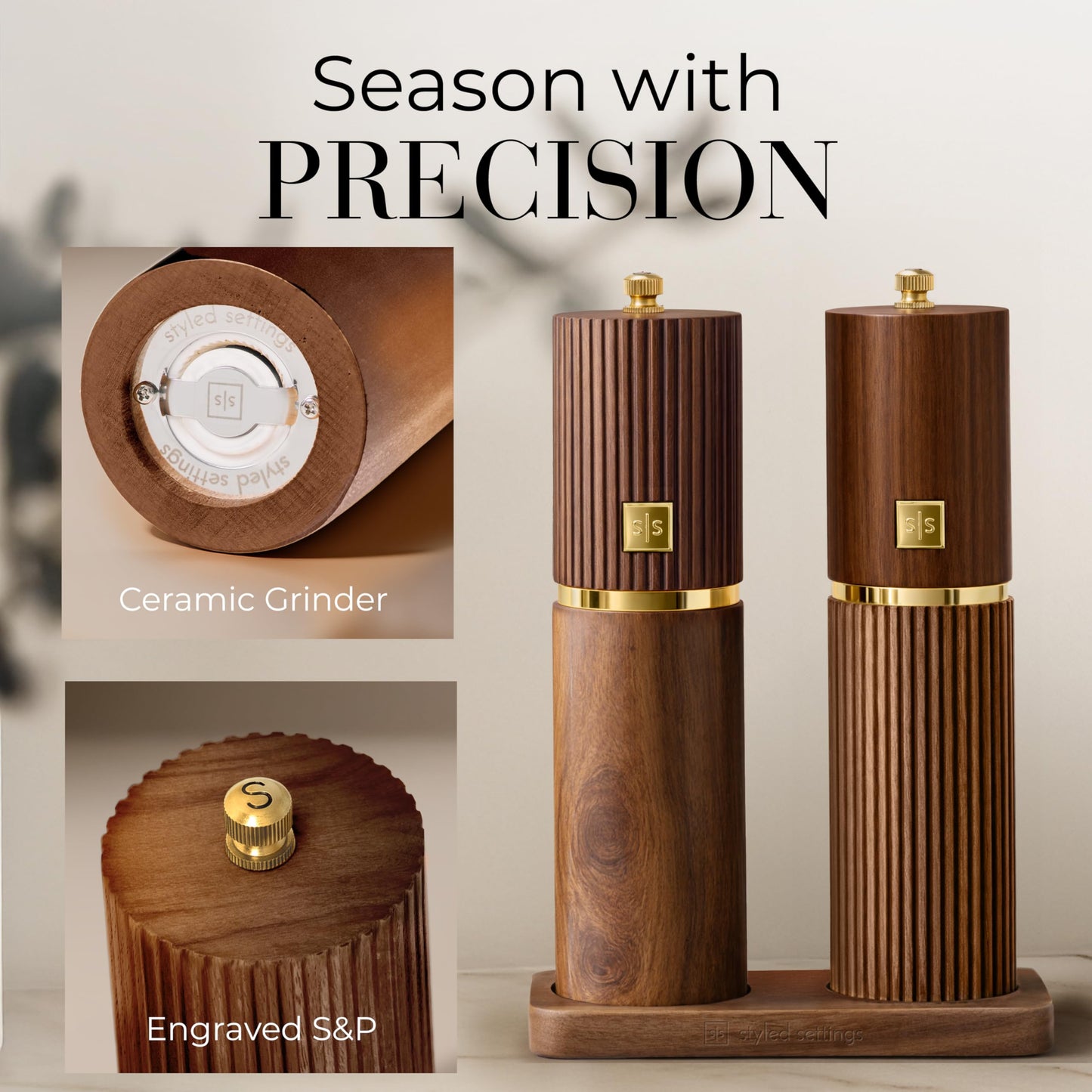 Wooden Salt and Pepper Grinder Set – Refillable Manual Salt and Pepper Mills with Adjustable Ceramic Burrs, Gold Detailing, and Wood Stand – Dark Wood