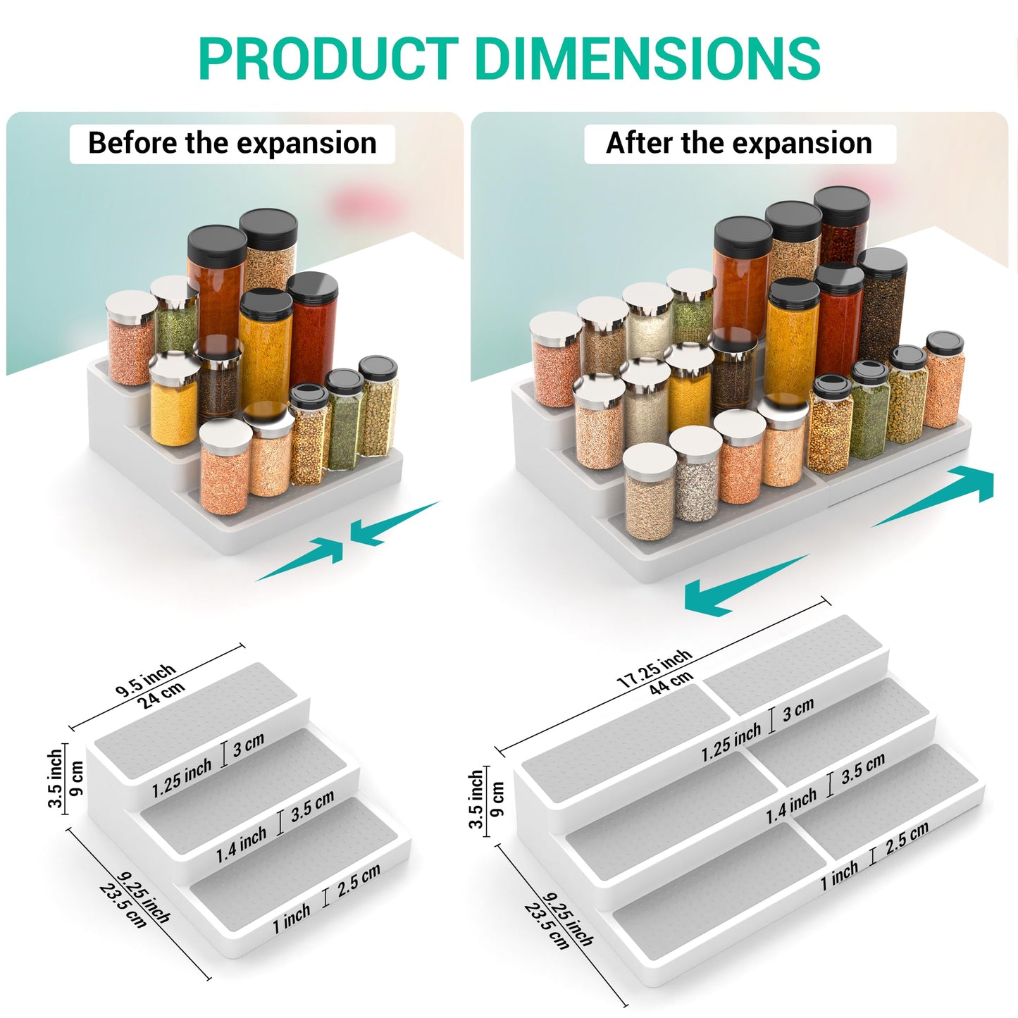 YAN & HIN Expandable Spice Rack Organizer for Cabinet (2 Pack), 3-Tier Tiered Spice Shelf Organizer with Non-Skid Surface, Spice Riser, Adjustable Pantry Organizer for Spices, Cans & Medicine Cabinet
