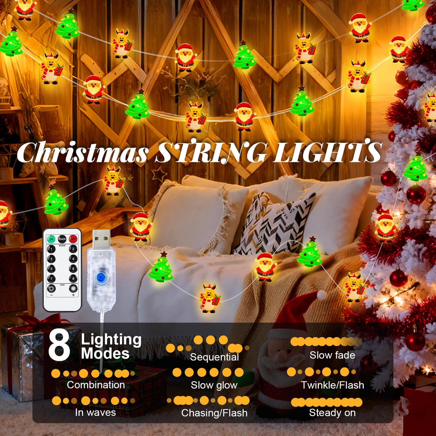 Yooumoga Christmas String Lights - 16FT 50 LED Santa Claus/Deer/Tree Fairy Lights, Battery/USB Powered with Remote & 8 Lighting Modes for Indoor Outdoor Xmas Tree Party Decor (2 Pack-USB)