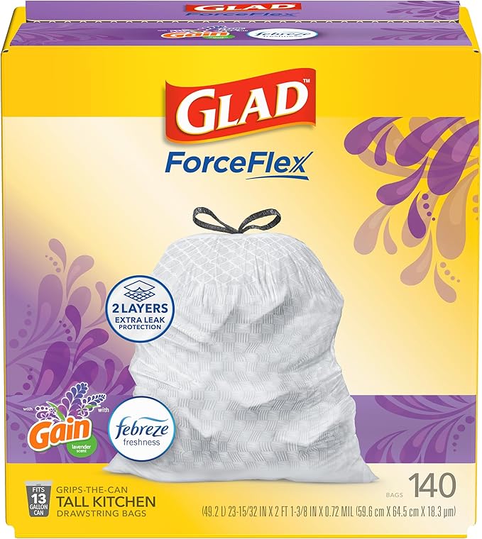 Glad ForceFlex Tall Kitchen Trash Bags, 13 Gallon, Gain Lavender