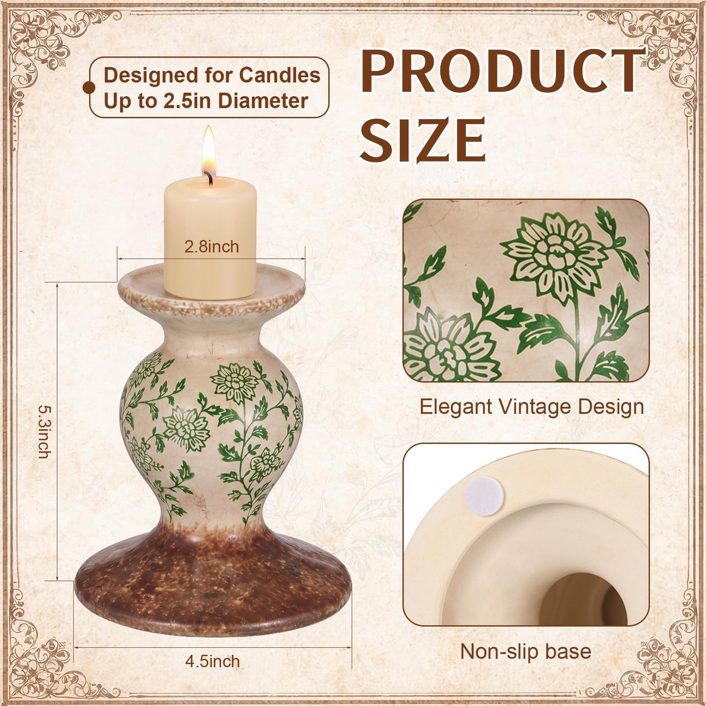Patelai 2 Pcs Terracotta Pillar Candle Holders Floral Sculptural Taper Candlestick Rustic Farmhouse Decorative Candleholders Pedestal Stand for Table Centerpiece Wedding Home Tabletop Decor