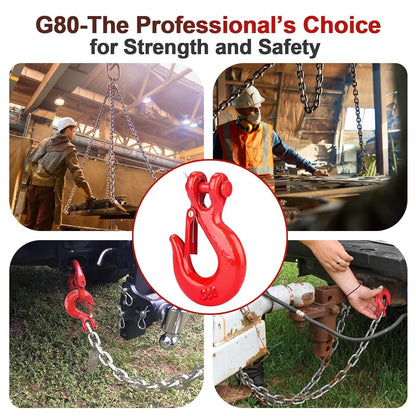 Lechansen G80 Clevis Slip Hook, 1/4" Chain Hooks with Safety Latch, Heavy-Duty Winch Hook, Grade 80 Forged 10 Pack Transport Tow Hook for Maximum Strength Load 12,612 Lbs