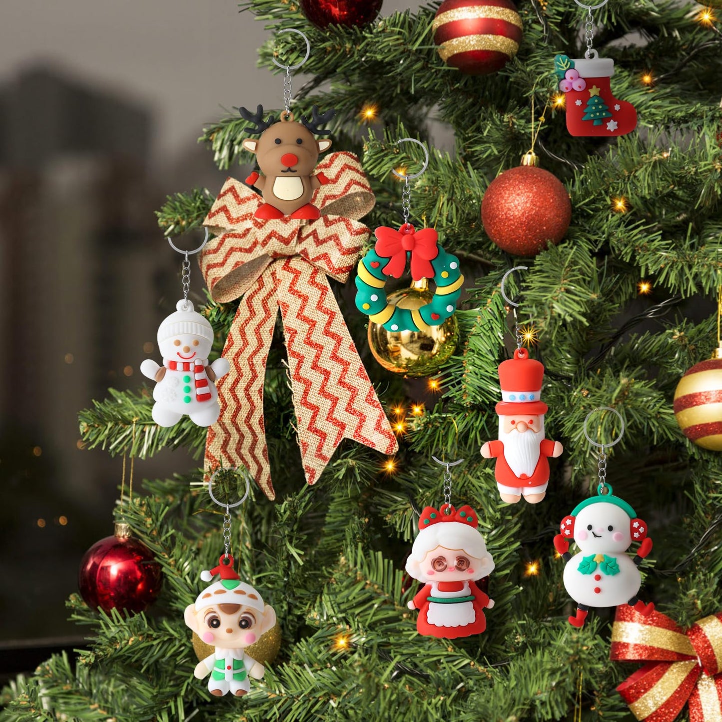 Becfupo 20 Pcs Christmas Rubber Keychains Bulk, 3D Santa Claus Snowman Xmas Tree Reindeer Hanging Ornaments With Keyrings For Christmas Tree Decoration, Xmas Party Craft Supplies