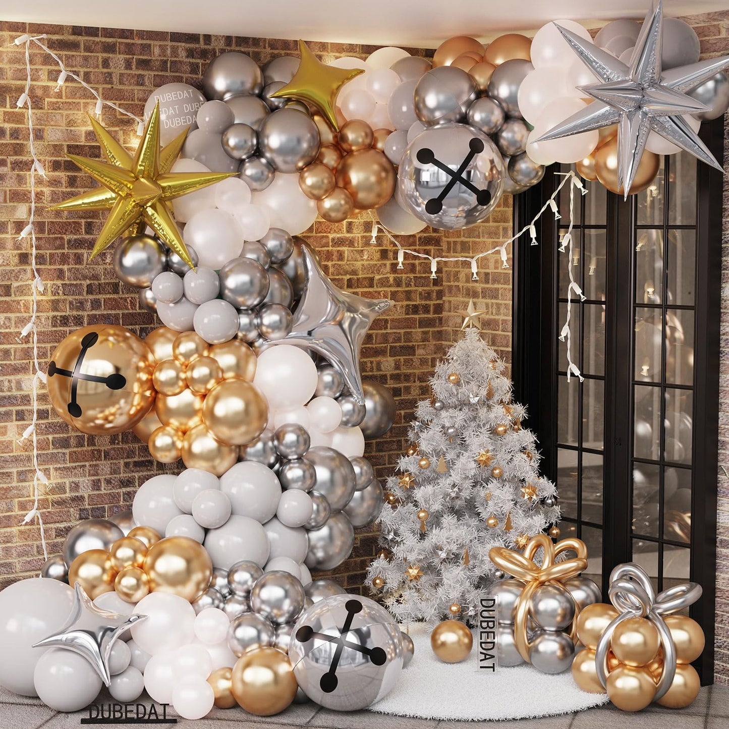 145Pcs Christmas Balloons Garland Arch Kit, Gold Sliver Balloons,Star, Bell for Christmas Party Decorations