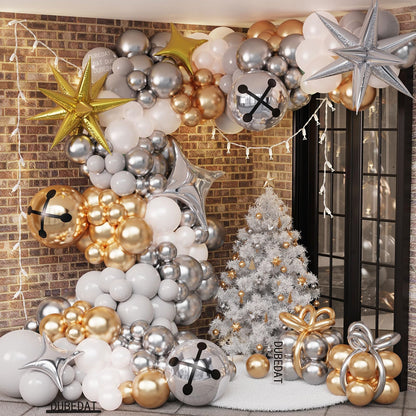 145Pcs Christmas Balloons Garland Arch Kit, Gold Sliver Balloons,Star, Bell for Christmas Party Decorations