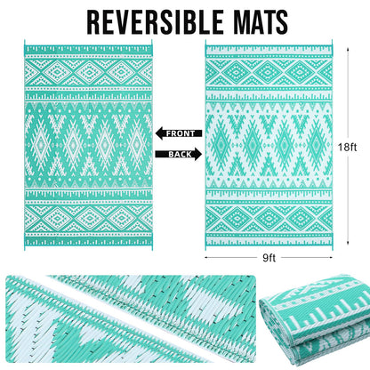 OLANLY Outdoor Rug Waterproof 9x18 ft, Reversible Outdoor Plastic Straw Rug, Boho Patio Rug, Indoor Outdoor Carpet, RV Mat Outside for Patio, Camp, Picnic, Balcony, Deck, Backyard, Turquoise & White