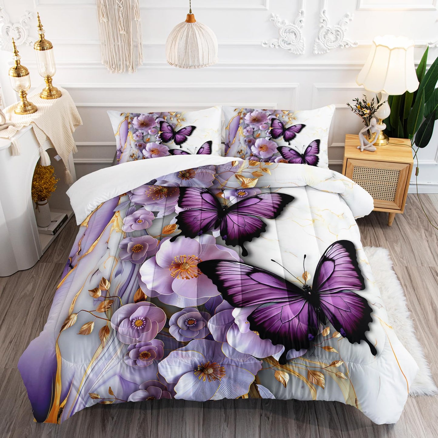 AILONEN Purple Floral Butterfly Comforter Set Twin Size,Gold White Marble Flower Bedding Set for Kids Girls Women,1 Quilt with 2 Pillowcases-3 Pieces