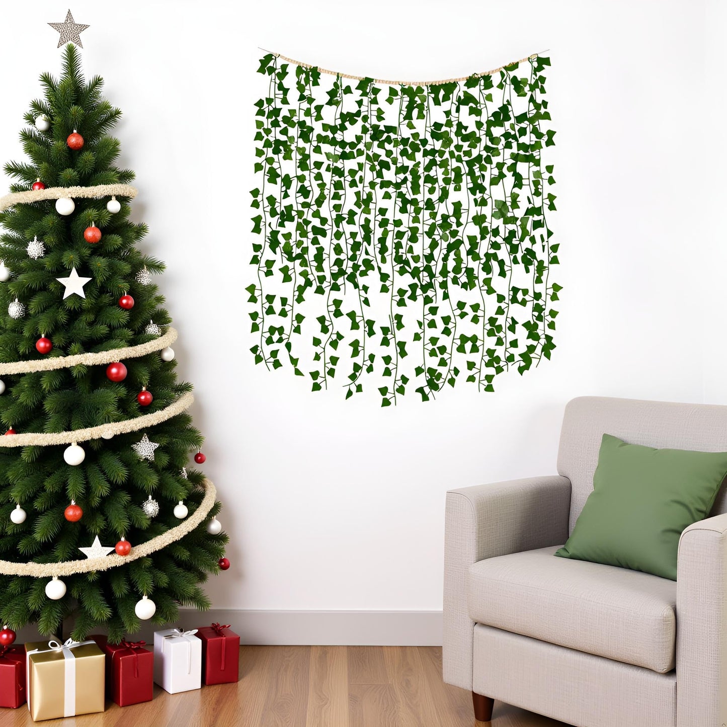 Mkono Hanging Fake Vines for Bedroom Wall Decor Artificial Plant Leaves with Wood Beads Set Indoor Greenery Ivy Garland for Living Room Apartment Christmas Wedding Party Teen Girl Room