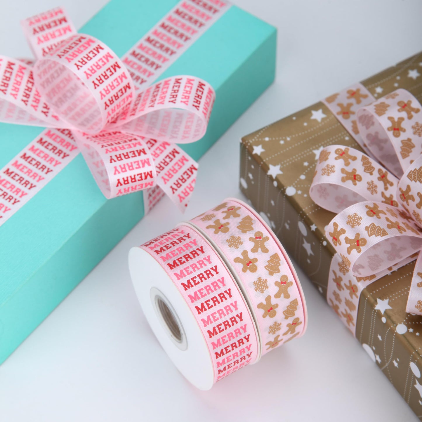 Meseey Gingerbread Ribbon 7/8 Inch 20 Yards Pink Merry Christmas Candy Cane Craft Ribbon for Gift Wrapping Wreath Bow DIY Crafts Supplies