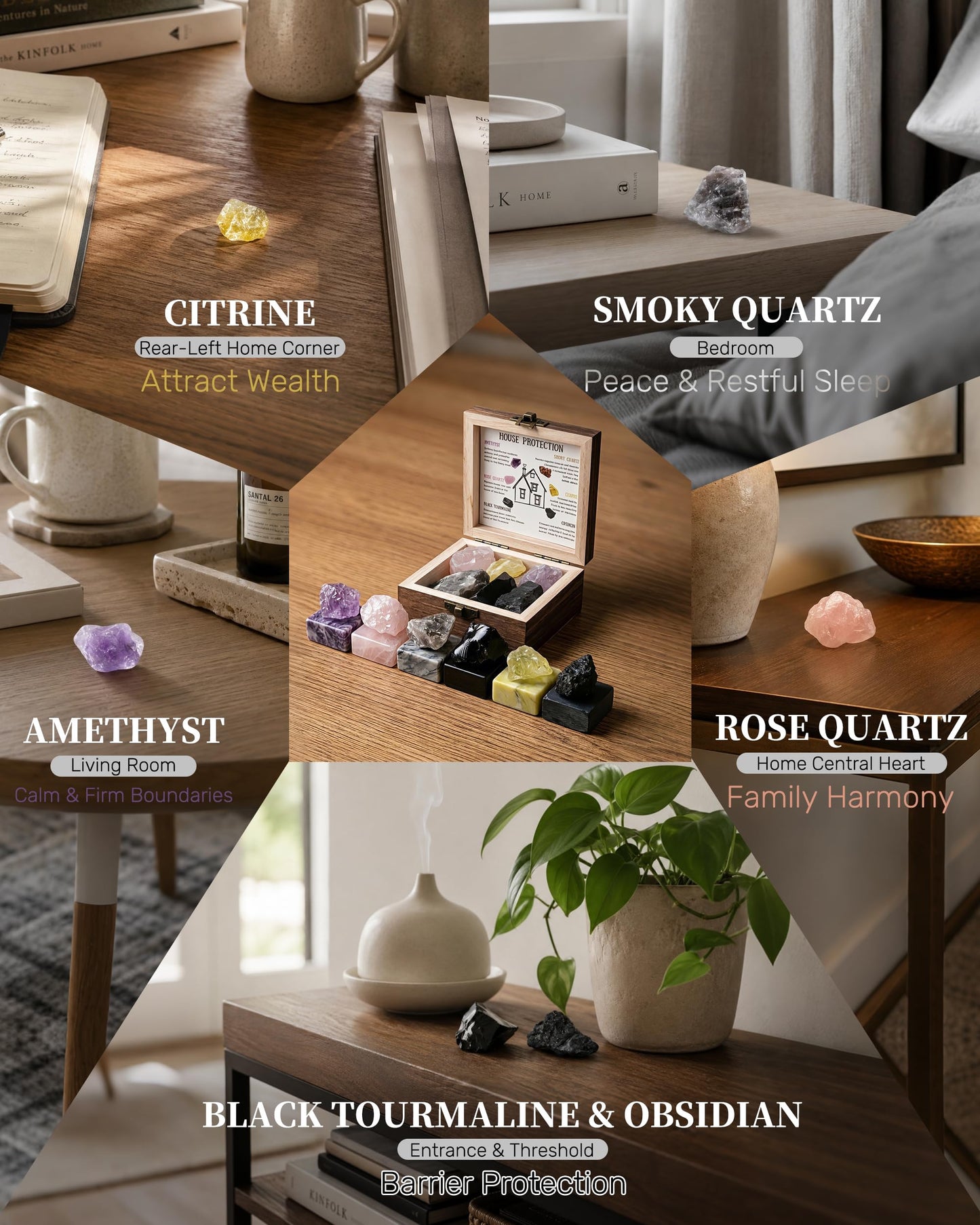 Trinckle Home Protection Crystal Set, House Warming Gifts New Home with Natural Healing Crystals Stone for Negative Energy Removal, Protection Rocks as Energy Cleansing Housewarming Workplace Gifts