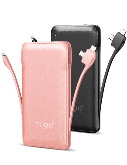 TG90° Portable Charger 10000mah Cell Phone Battery Backup, Ultra Slim Power Bank with Built in Lightning and USB-C Cable, Portable Phone Charger Battery Packs Compatible with iPhone Android Phones