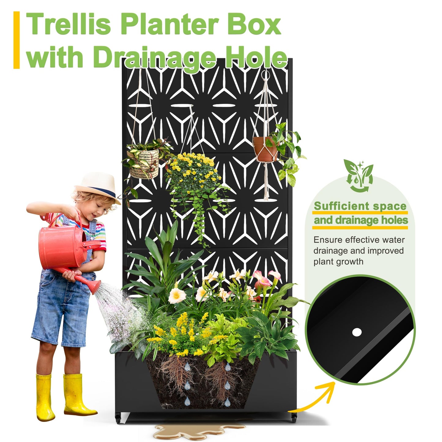 FENCY Metal Raised Garden Bed with Wheels and Trellis,73"x35"x16" Planter Box for Climbing Plants, Vegetables & Vines, Features Privacy Screen and Drainage Holes (Black-Star)