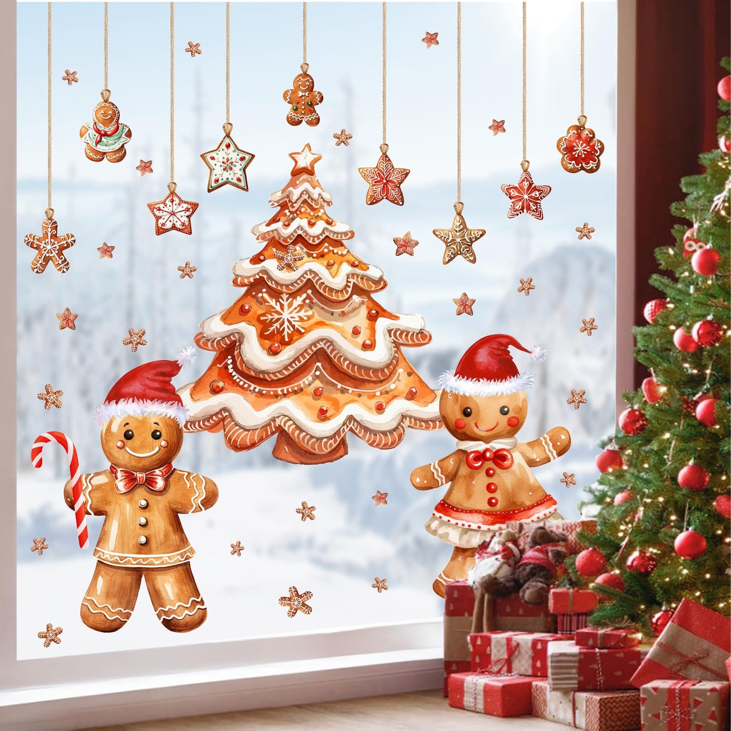 Christmas Window Decoration Clings Gingerbread Decals for Glass Double-Side Xmas Tree Holiday Window Decal Reusable Removable Snowflake Static Cling for Indoor Home Office Display Winter Decoration