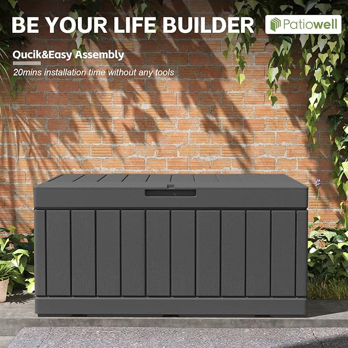 Patiowell 82 Gallon Resin Deck Box, Waterproof Large Wood Look Storage Box for Patio Furniture, Pool Accessories, Garden Tools and Sports Equipment, Lockable, Black