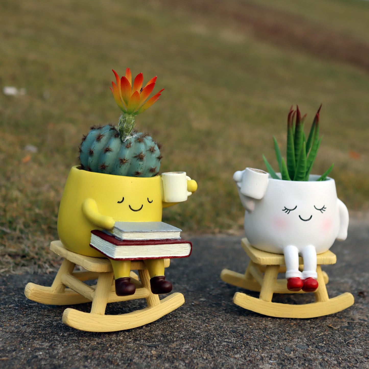 Dolkgy Funny Planters for Indoor Outdoor Plants, Adorable Rocking Chair Drinking Coffee Book Face Plant Pots, Unique Yellow Head Planters Flower Vase Succulent Pots