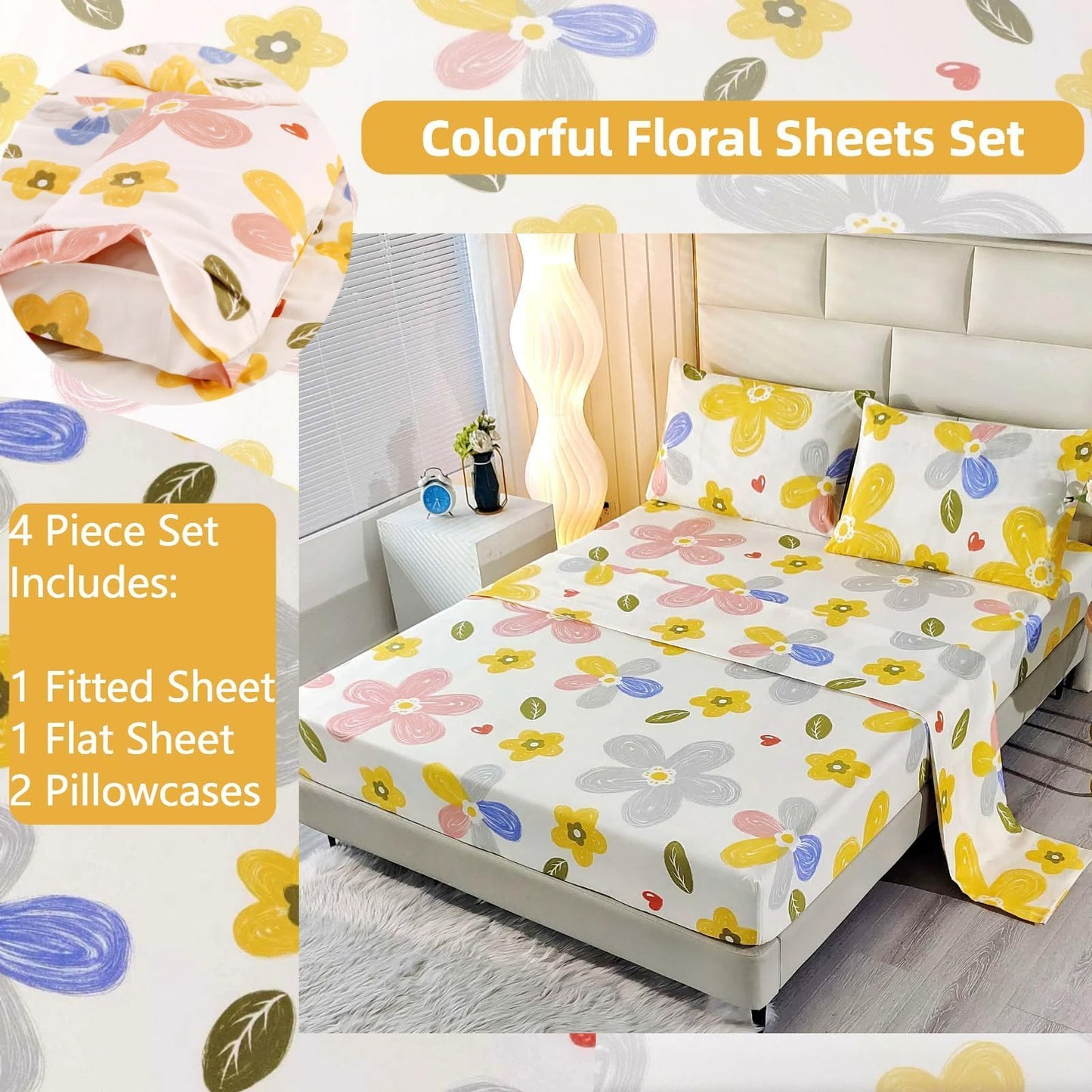 SDIII 4 Pieces Yellow Floral Twin Bed Sheet Set, Soft Microfiber Twin Sheets Flower Printed Deep Pocket, Floral Cozy Bedroom Decor All Season