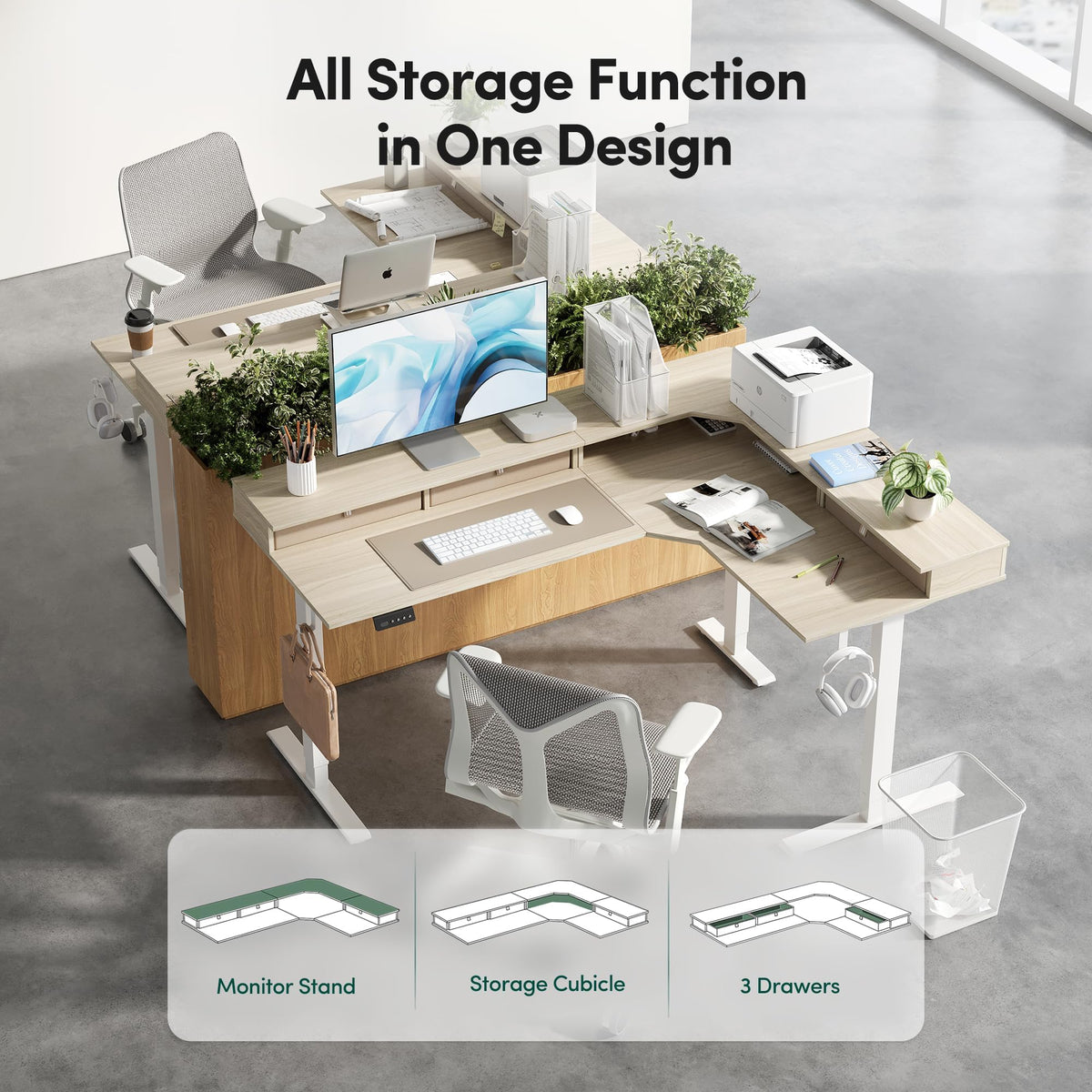 CubiCubi 63x48 Inches L Shaped Standing Desk with 3 Drawers and Monitor Shelf, Height Adjustable Corner Computer Desk with Hooks, Sit Stand Up Ergonomic Home Office Workstation Table, Light Walnut