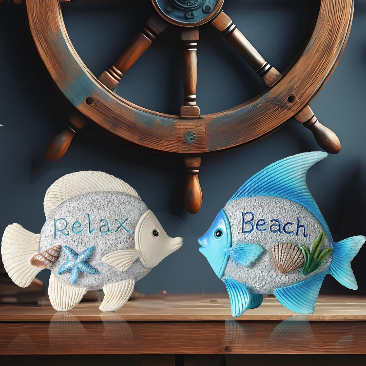 GoGnome Coastal Charm Resin Fish Figurines - Set of 2 Decorative Relax & Beach Decor Nautical Themed 4.4'' Statues for Home Hotel (Fishes)