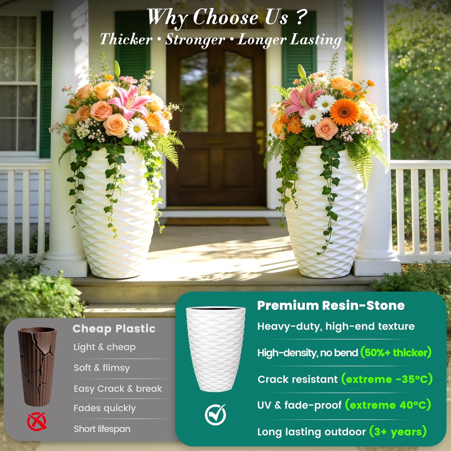Ultym 19" Nordic Wavy Tall Outdoor Planters, Set of 2 Ultra Durable Resin Large Flower with Drainage Holes, Weather-Resistant Outdoor Planters for Garden Patio Porch Balcony Living Room Office Decor
