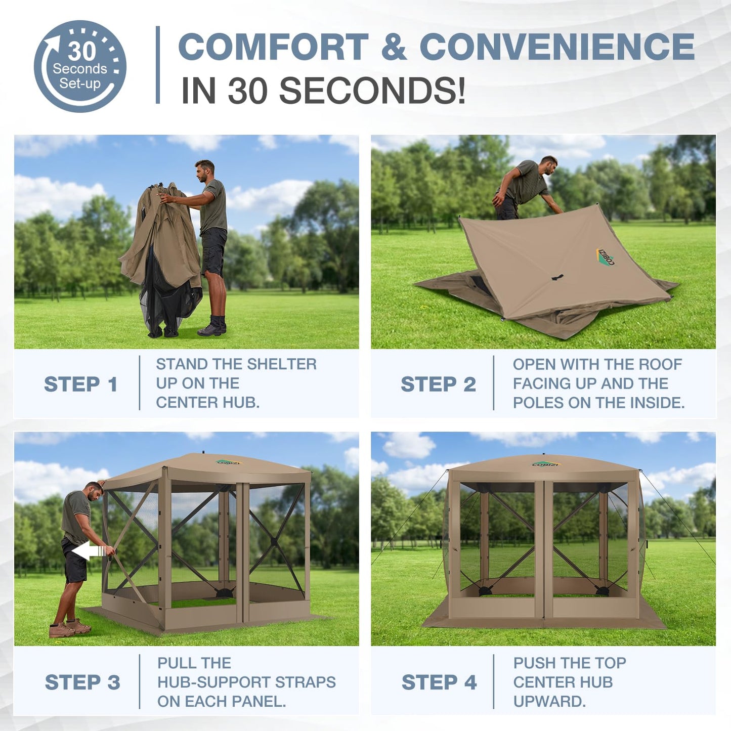 COBIZI Pop Up Gazebo Screen Tent Screen House for Camping, 6FTx6FT Screen Room with Mosquito Netting, Hub Tent Instant Screened Canopy with Carrying Bag and Ground Stakes, Khaki