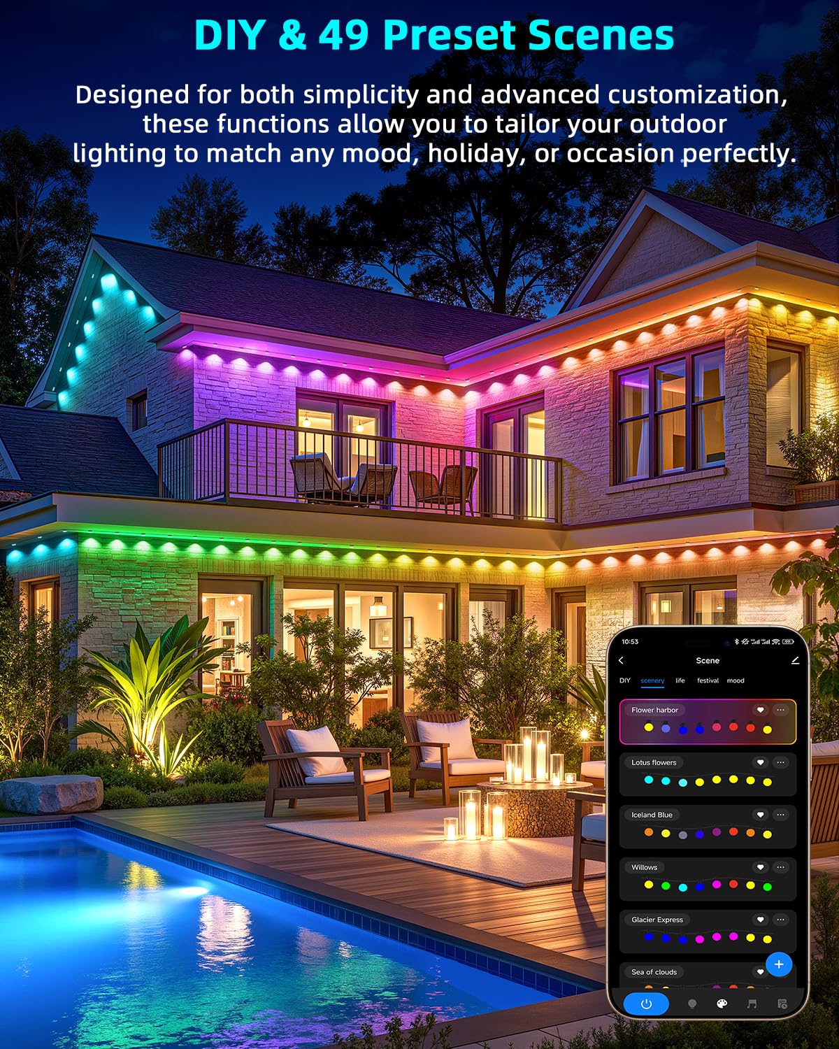 REYLAX Permanent Outdoor Lights Pro, 150ft with 108 Triple-LED 135lm, RGB+IC Smart Eaves Christmas Lights for House, IP67 Waterproof, Multi Scenes for Outdoor Decor, Works with Alexa, Google, Remote