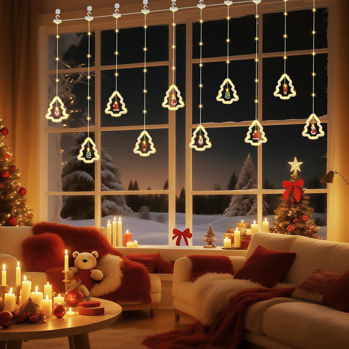 BomKra Christmas Tree Curtain Lights, Christmas Window Lights Decor with Remote,8 Lighting Modes, IP65 Waterproof, 10 Hooks Christmas Decorations Indoor Outdoor for Bedroom Party Wall Door Window