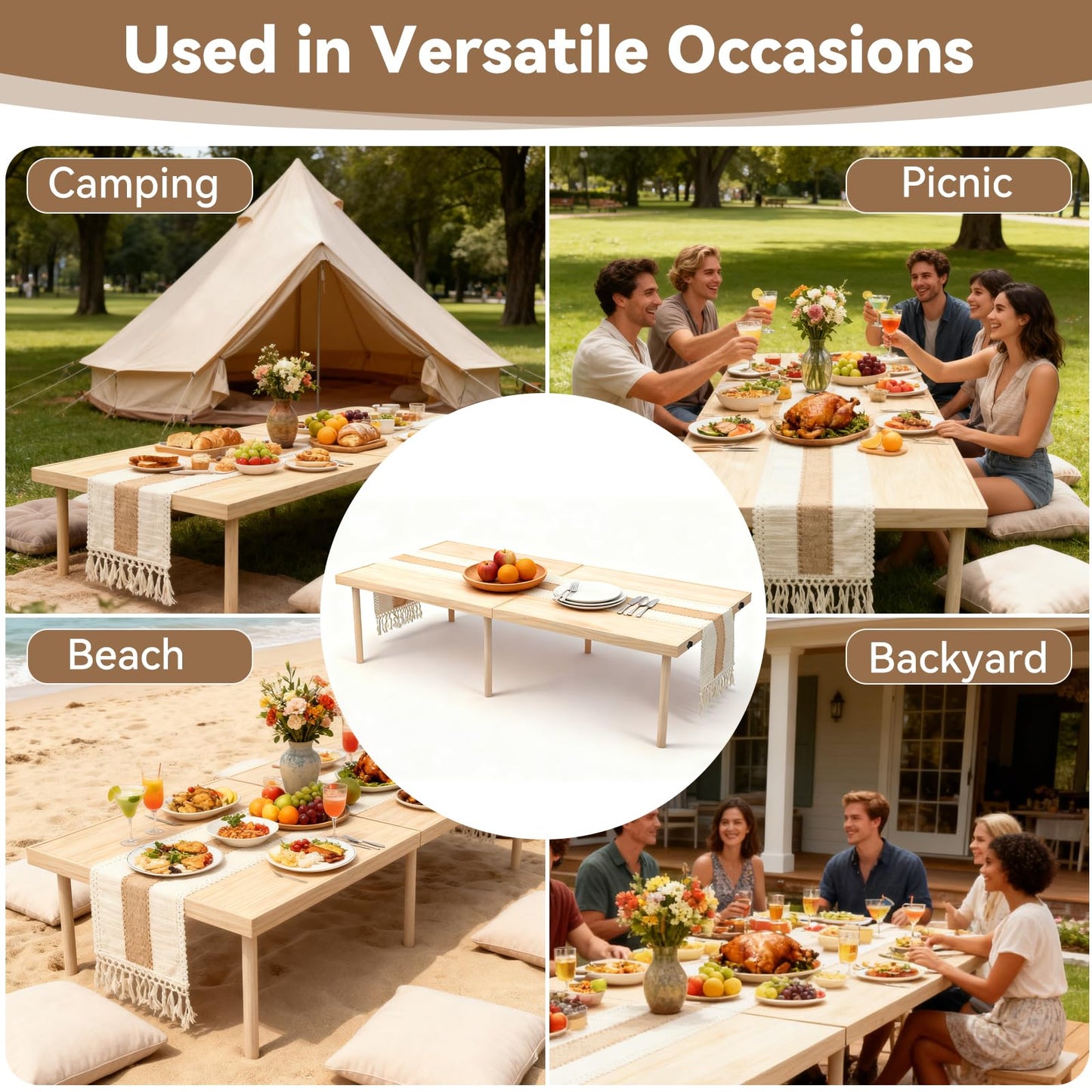 GamPark Portable Wooden Outdoor Low Picnic Table for Floor Seating, Beach, Camping, BBQ, Backyard, 60x30in