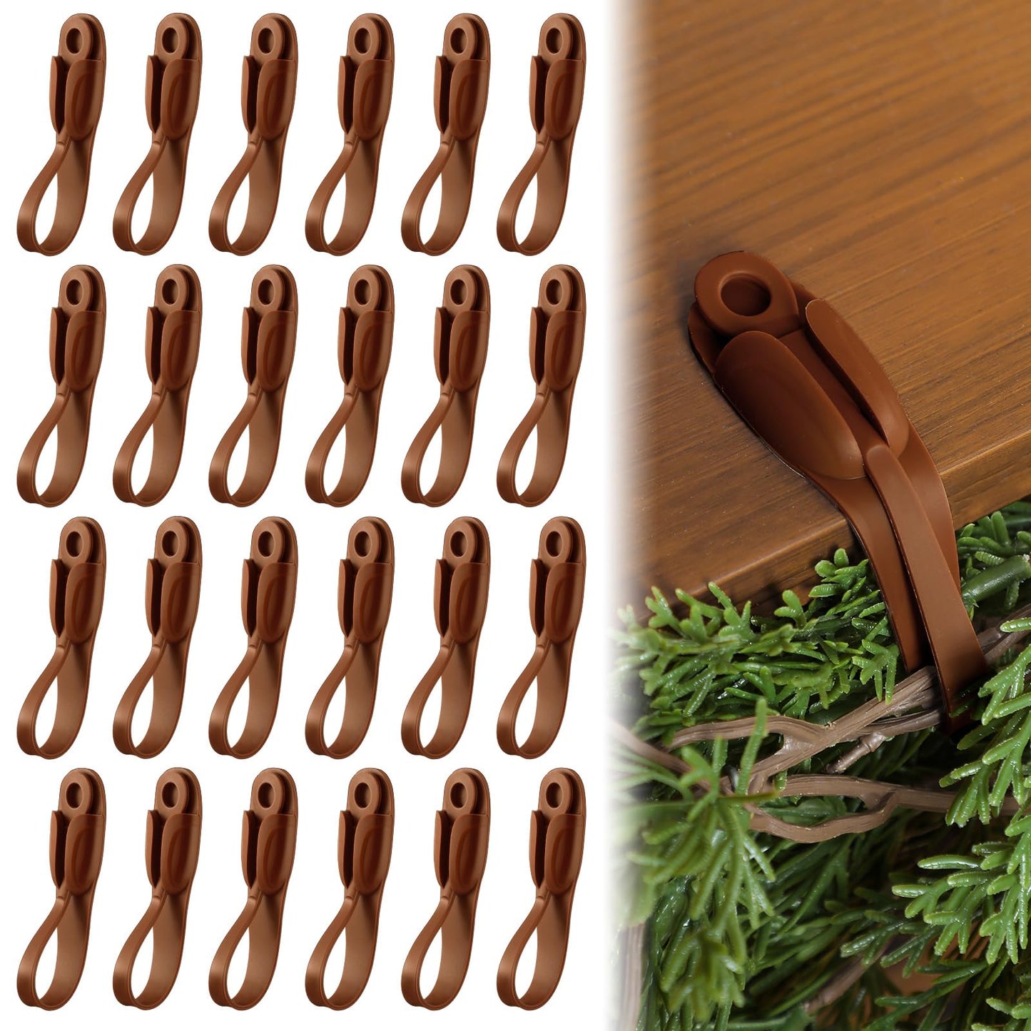 Relaxweex 24 Pcs Garland Hanger for Mantle No Drill Garland Hangers Hooks Wreath Ties Fireplace Stocking Holder Stretchable Silicone Adhesive Straps for Door Frame Stairways (Brown)
