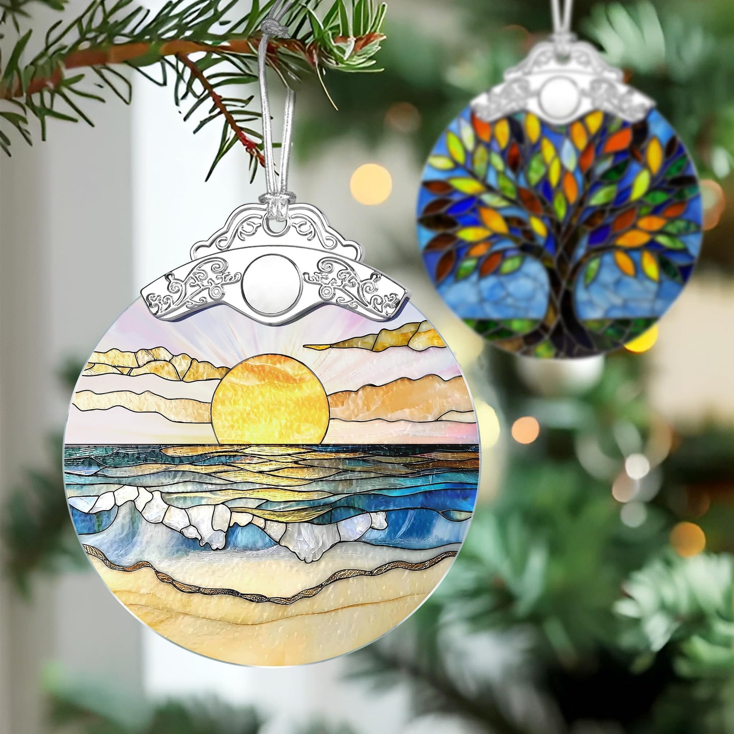 Beach Sunset Stained Glass Ornament, Christmas Ornament – Christmas Tree Decor, Holiday Decoration, Stocking Stuffer, Festive Gift Idea, Gifts for Ocean Lover, Nature Lover, Friend, and Family
