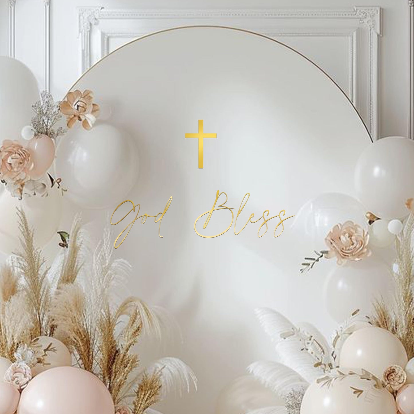 Caption God Bless Decal - Golden Baptism First Communion Party Decorations, God Bless Baptism Balloon Arch Decal for Boys Girls
