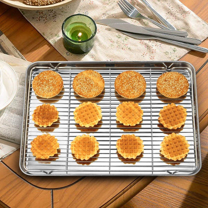 AIKKIL Baking Sheet with Rack Set [2 Sheets + 2 Racks], Stainless Steel Cookie Pan Baking Tray with Cooling Rack, Non Toxic & Heavy Duty & Easy Clean (9 x 7 x 1 inch)