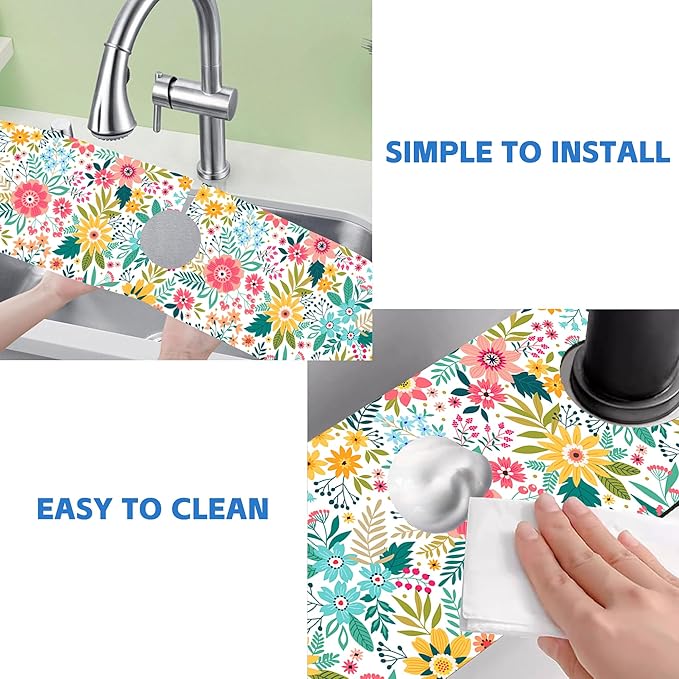 Colorful Floral Leaves Berries Kitchen Sink Splash Guard Mat Absorbent Fast