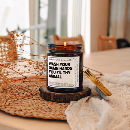 Wash Your Hands Ya Filthy Animal - Funny Bathroom Decor, Poop Scented Candle, 4oz & 9oz Amber Candle, 9 Fragrances