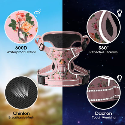 Timos No Pull Dog Harness,NO Need Go Over Dogs Head 3 Snap Buckles Reflective Oxford No Choke Harness with Front & Back 2 Metal Leash Clips Soft Padded for Small Medium Large Dogs Pink S