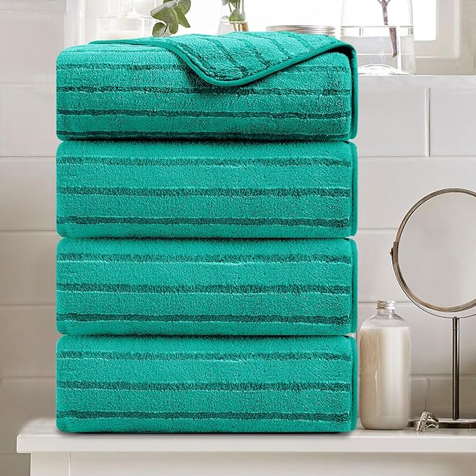 4 Pcs Blue Green Cabana Stripe Large Bath Towels 35"x70" Oversized Bath Sheet
