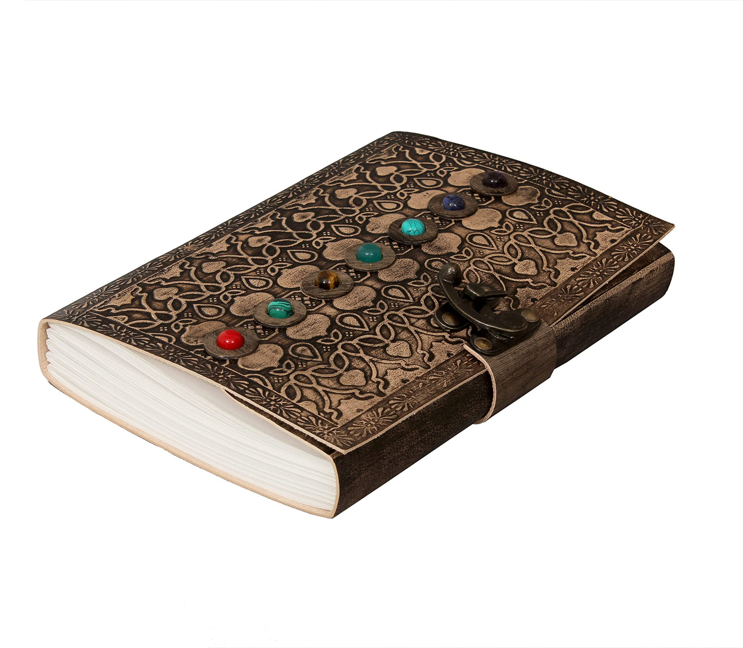AzureGreen Leather Book of Shadows Journal, Supernatural Notebook with Chakra Gem Stones Healing Crystals and Latch