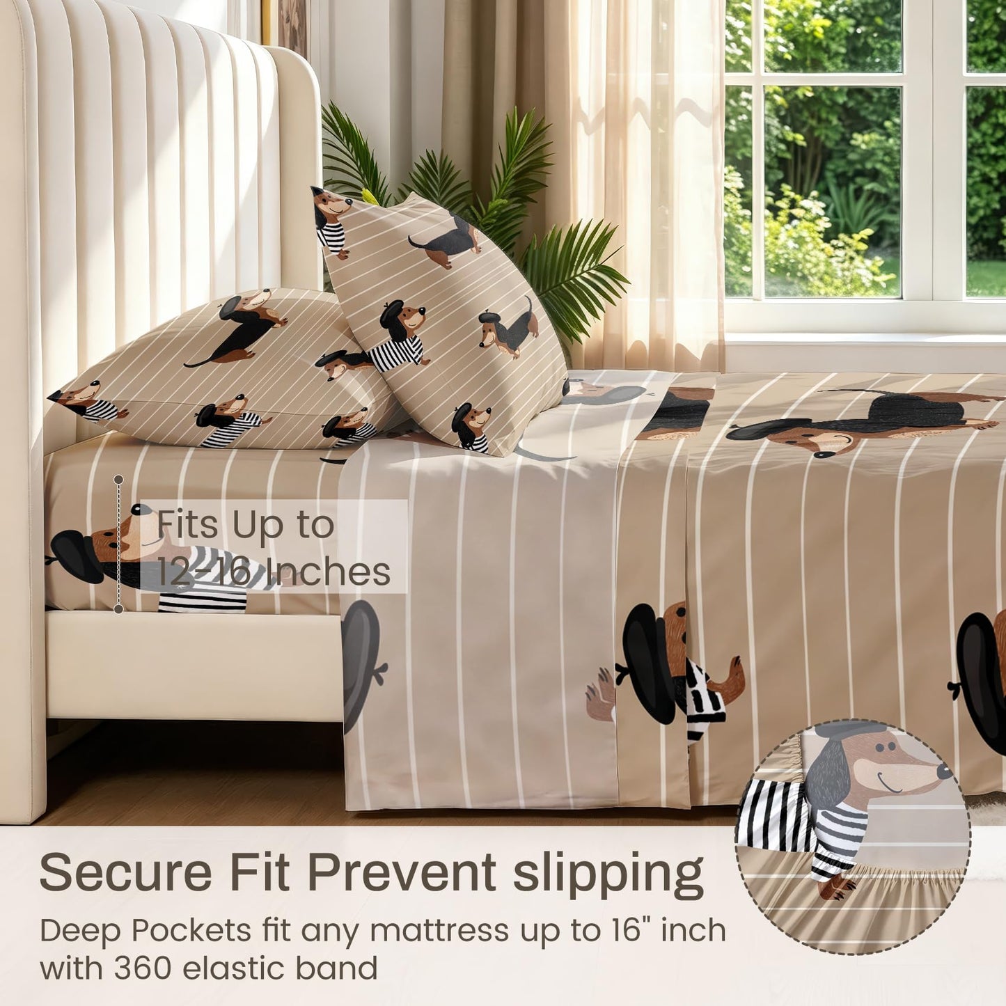 Dachshund Twin Sheet Set Boys Puppy Flat Fitted Sheet Sets, Cream