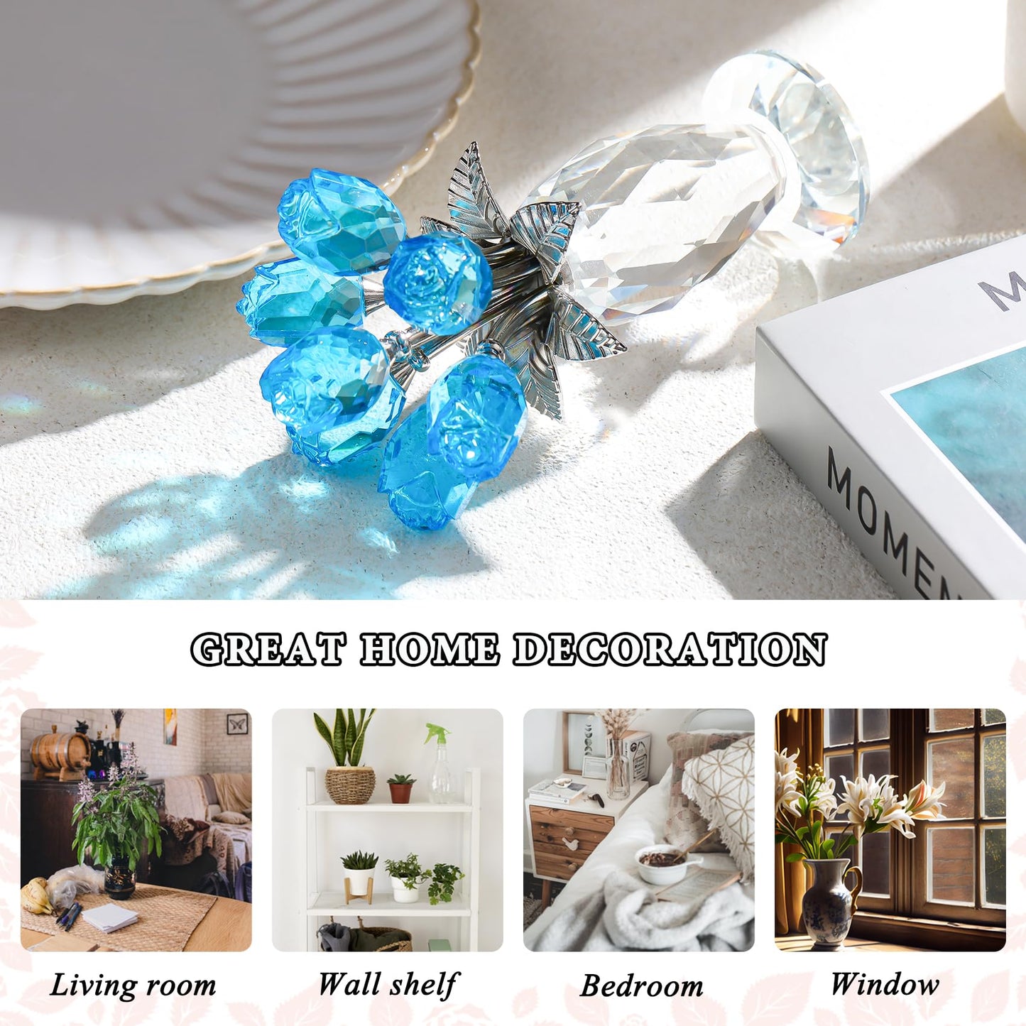 YWHL Crystal Lake Blue Rose Flower Bouquet Figurine with Vase, Handmade Glass Rose Flowers Gifts for Women on Mother's Day Valentine's, Crystal Roses with Stem Home Table Decor for Christmas