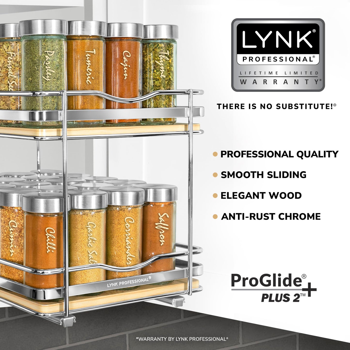 LYNK PROFESSIONAL® Pull Out Spice Rack Organizer for Inside Kitchen Cabinets - 4-1/4 inch Wide - Slide Out Drawer – Chrome Sliding Spice Cabinet Organization Shelf Racks - 2 Tier