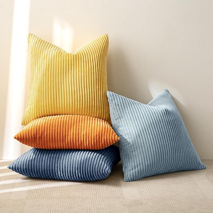 MIULEE Pack of 4 Blue-Orange Corduroy Decorative Throw Pillow Covers 20x20 Inch